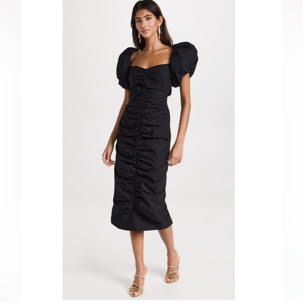 Rhode Tessa Dress NWT in Black Ruched Puff Sleeve Midi Size 14